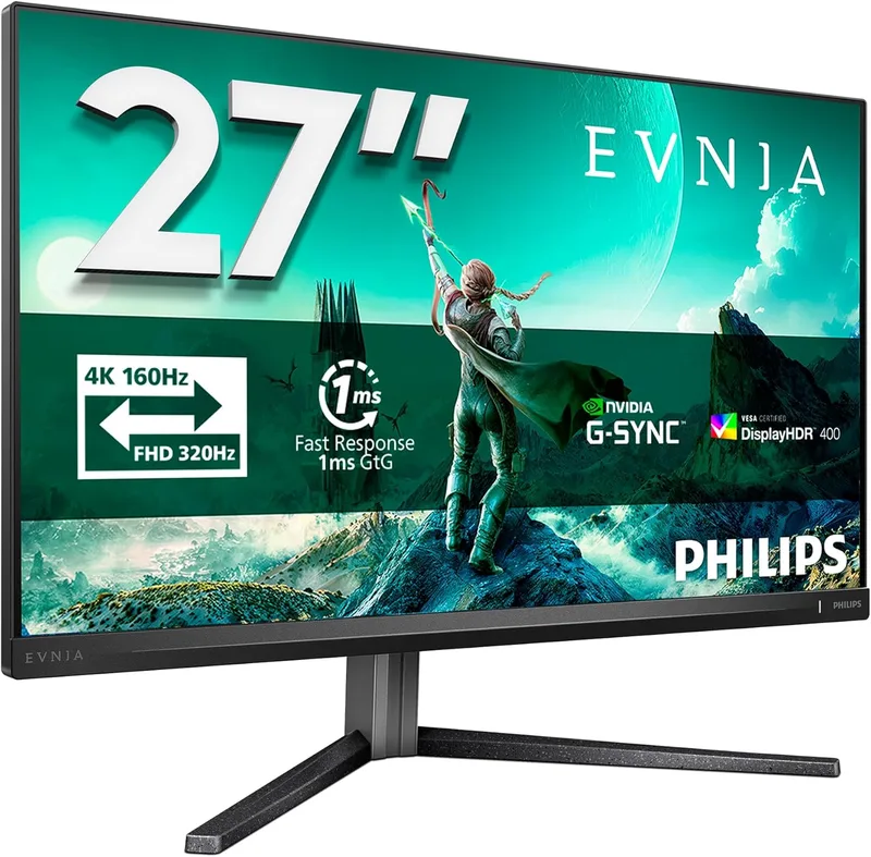 PHILIPS ▫️ Evnia 27M2N3800A - Monitor para jogos Ultra HD de 27 polegadas, 160 Hz, 0,5 ms MPRT, HDR400, compatível com G-Sync (2 portas HDMI 2.1, 1 porta DisplayPort 1.4, concentrador USB), cor preta e cinzenta