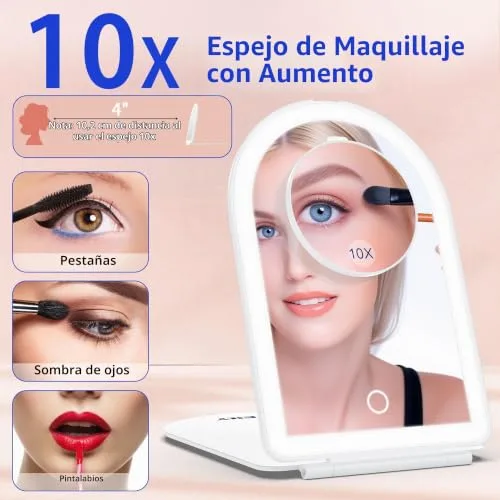 WEILY ▫️ Espelho de maquilhagem com luz 1X/10X, espelho de ampliação com 3 luzes coloridas, controlo tátil, espelho recarregável e portátil para o quarto e a casa de banho 3
