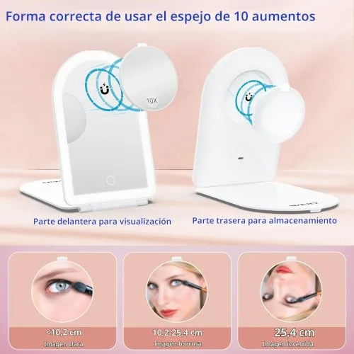 WEILY ▫️ Espelho de maquilhagem com luz 1X/10X, espelho de ampliação com 3 luzes coloridas, controlo tátil, espelho recarregável e portátil para o quarto e a casa de banho 4