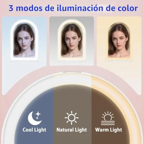WEILY ▫️ Espelho de maquilhagem com luz 1X/10X, espelho de ampliação com 3 luzes coloridas, controlo tátil, espelho recarregável e portátil para o quarto e a casa de banho 5