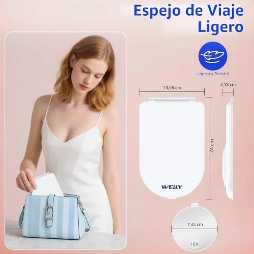 WEILY ▫️ Espelho de maquilhagem com luz 1X/10X, espelho de ampliação com 3 luzes coloridas, controlo tátil, espelho recarregável e portátil para o quarto e a casa de banho 6