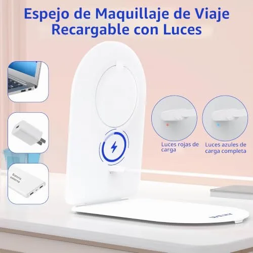 WEILY ▫️ Espelho de maquilhagem com luz 1X/10X, espelho de ampliação com 3 luzes coloridas, controlo tátil, espelho recarregável e portátil para o quarto e a casa de banho 7