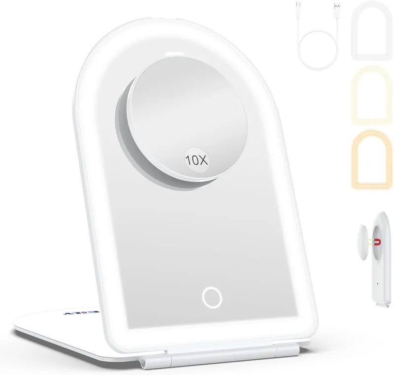 WEILY ▫️ Espelho de maquilhagem com luz 1X/10X, espelho de ampliação com 3 luzes coloridas | Controlo tátil, recarregável e portátil, ideal para o quarto e a casa de banho