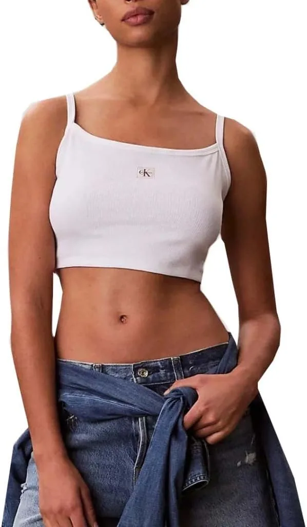 Calvin Klein ▫️ SL Woven Label 2x2 Baby Rib Crop Lv047f221g Camiseta com alças largas para mulher