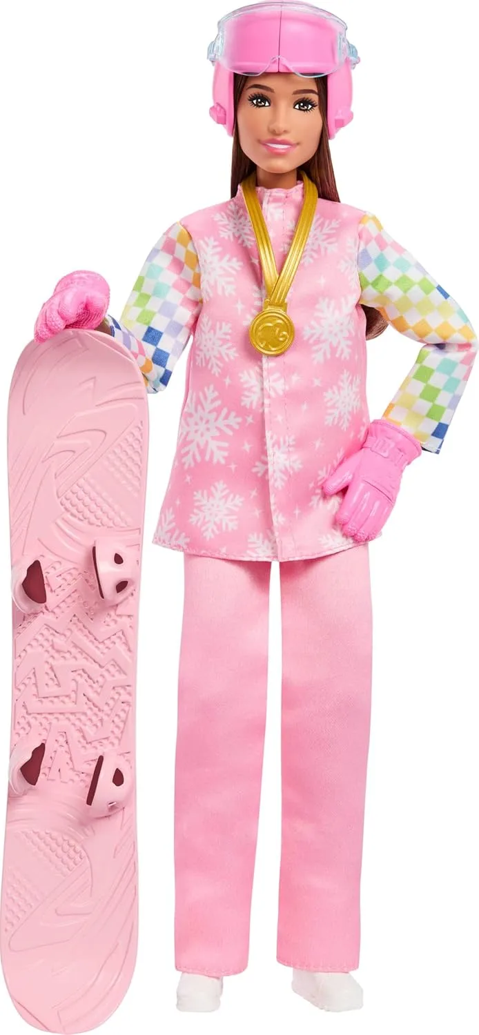 Boneca Barbie Profissões Snowboarder com casaco, calças e botas cor-de-rosa com mais de 10 acessórios, incluindo uma prancha que muda de cor, JKF78