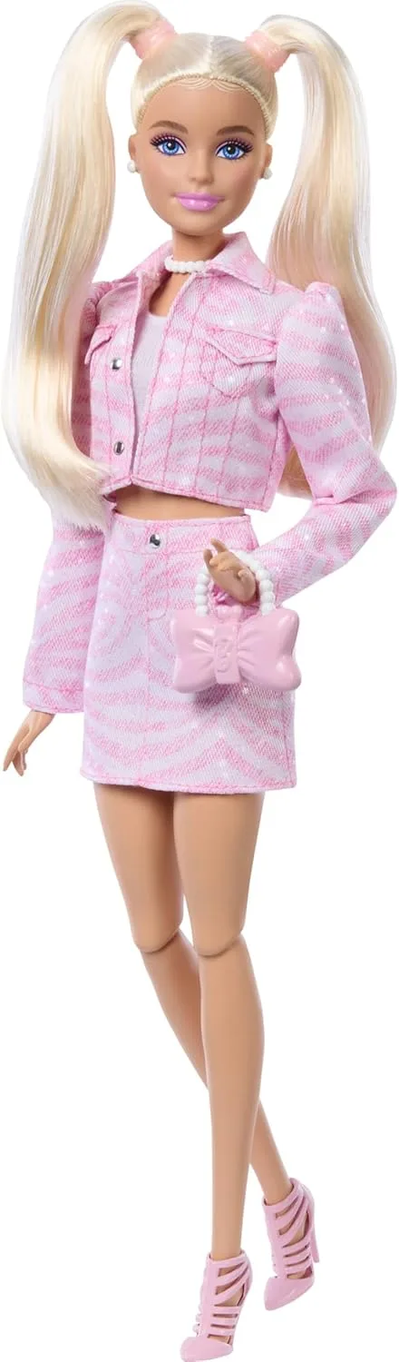 Barbie Deluxe Style Doll n. 9 com conjunto de ganga cor-de-rosa, cabelo louro, casaco e saia a condizer e acessórios como uma mala com laço e jóias com pérolas, JJN69
