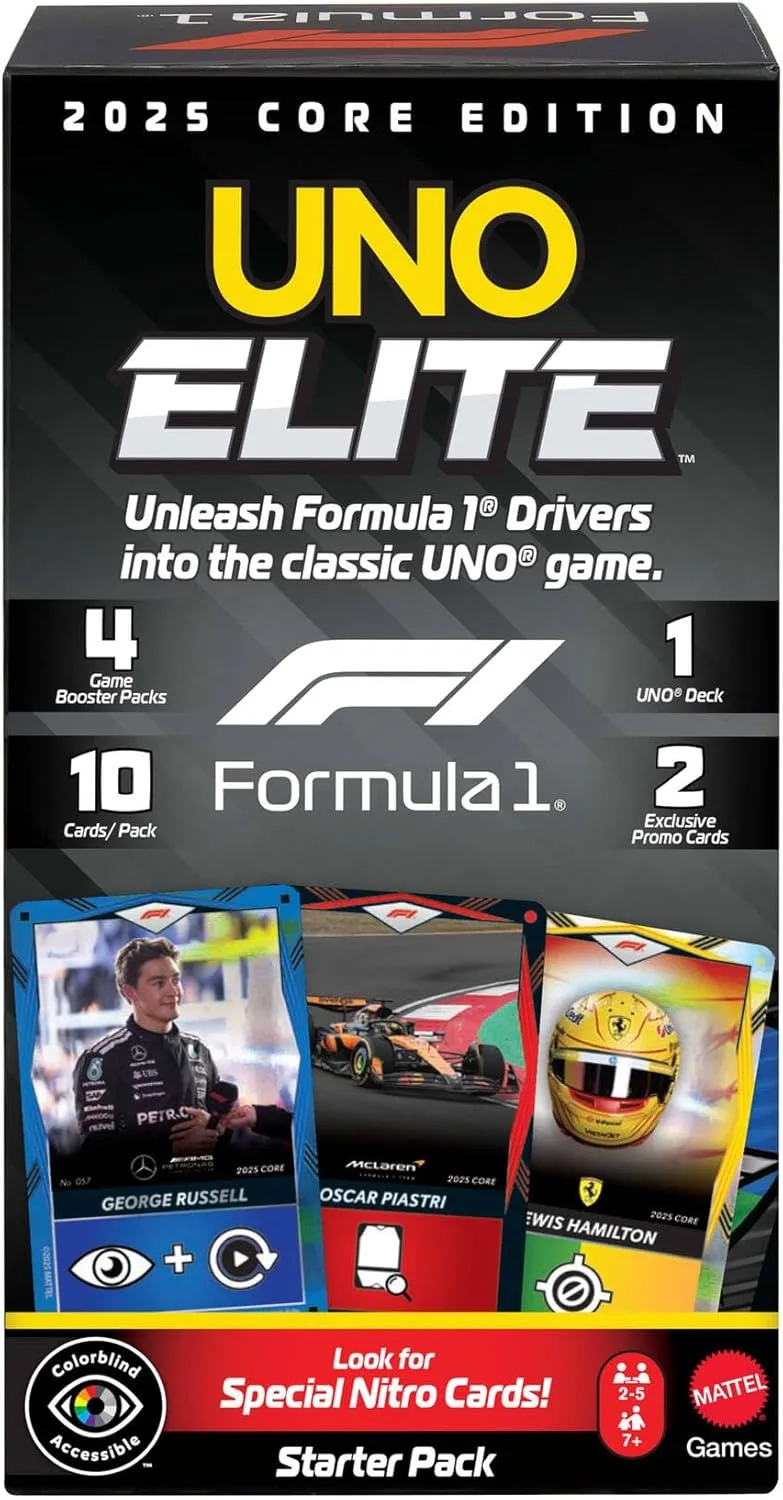 Mattel Games ▫️ Elite Formula 1 Main Edition 2025, pacote inicial, jogo de cartas com 4 pacotes de reforço e 2 cartas promocionais, para rapazes, raparigas, fãs, famílias, noites de jogos, JLV42