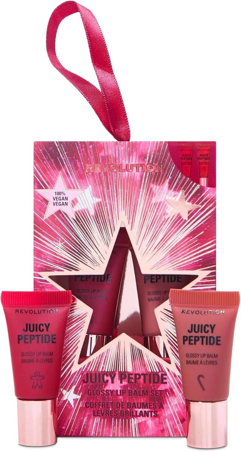 Revolution Beauty London ▫️ Conjunto Revolution Mini Bálsamos Labiais Juicy Peptide, Edição Limitada com os sabores festivos Candy Cane e Gingerbread, enriquecidos com peptídeos, vegan e sem testes em animais