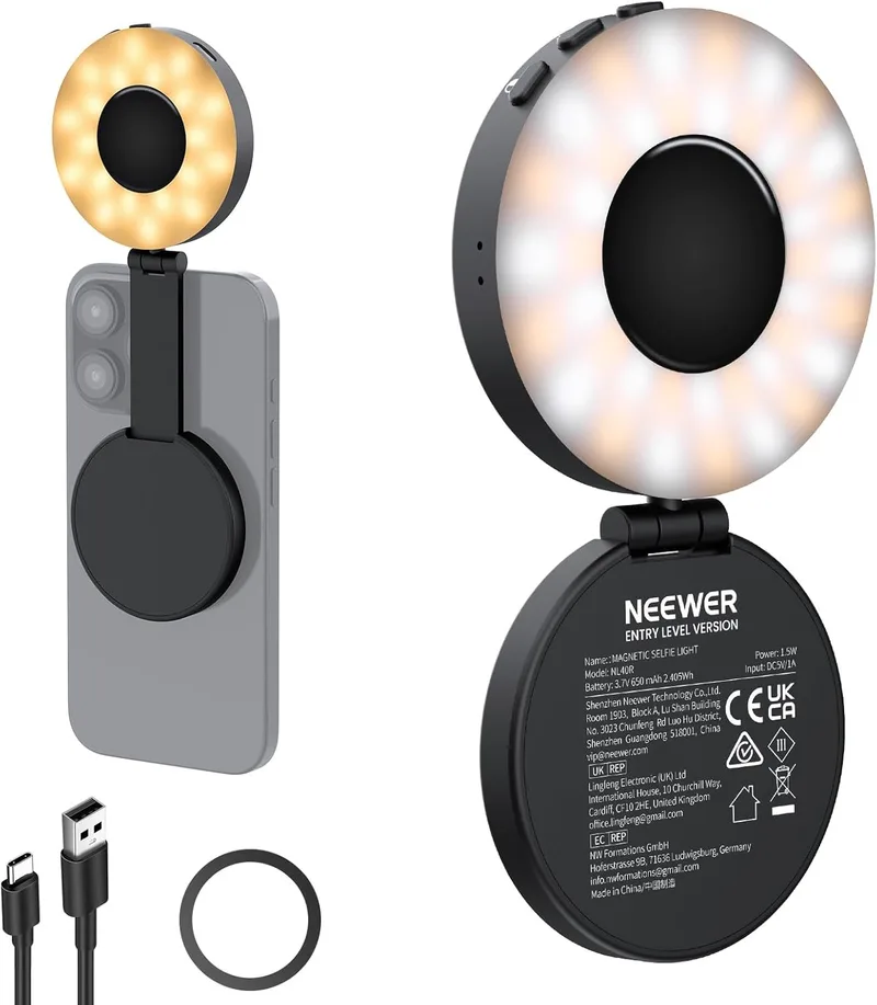 NEEWER ▫️ Versão de nível de entrada Luz magnética portátil para selfies compatível com iPhone MagSafe, 4 modos CRI95+ 914lx 1,5W Luz de anel para telemóvel Luz móvel LED de plástico dobrável para fotografia, maquilhagem e vídeo, NL40R