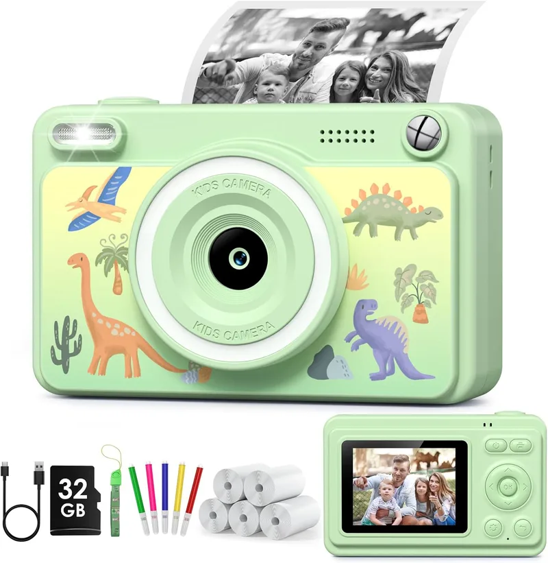 GREENKINDER ▫️ Máquina fotográfica instantânea para crianças, máquina fotográfica instantânea HD/1080P para crianças com cartão de 32 GB e 5 rolos de papel térmico, máquina fotográfica para crianças, presentes de brinquedo para crianças dos 3 aos 12 anos