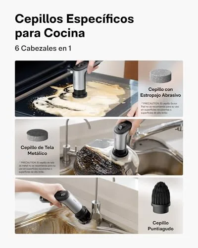 HOTO ▫️ Grip™ Escova Elétrica de Limpeza Doméstica, à prova de água IPX7, Escova Elétrica de Limpeza Leve (0,29 kg) com 6 cabeças, para limpeza da cozinha, louça, bancada, grelha, placa de cozinha e azulejos 4