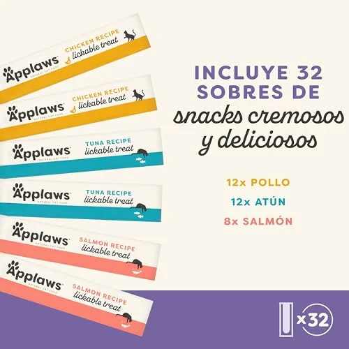 Applaws ▫️ 100 % Natural, cremoso, para lamber, sem cereais, snack para gatos e gatinhos, embalagem variada, 32 × 15 g de saquetas 2