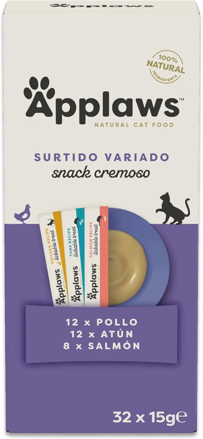 Applaws ▫️ 100 % Natural, cremoso, para lamber, sem cereais, snack para gatos e gatinhos, embalagem variada, 32 × 15 g de saquetas