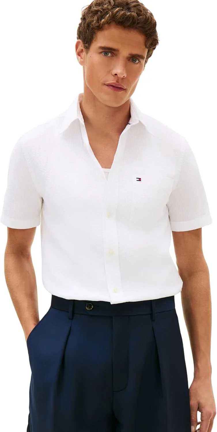 Tommy Hilfiger ▫️ Camisa Seersucker Solid SS RF Mw0mw38570 de manga comprida para homem (pacote de 1)