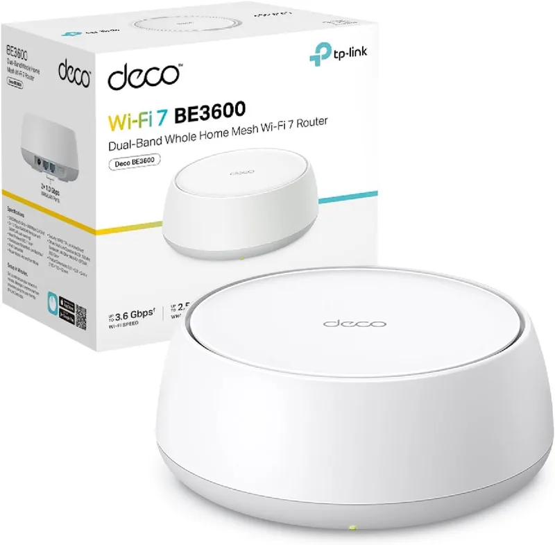 TP-Link ▫️ Deco BE3600 (1-Pack) - WiFi Mesh 7 de banda dupla até 6,6 Gbps, 2 × porta 1G, ideal para casas grandes, streaming 8K, jogos e rede estável com AI Mesh