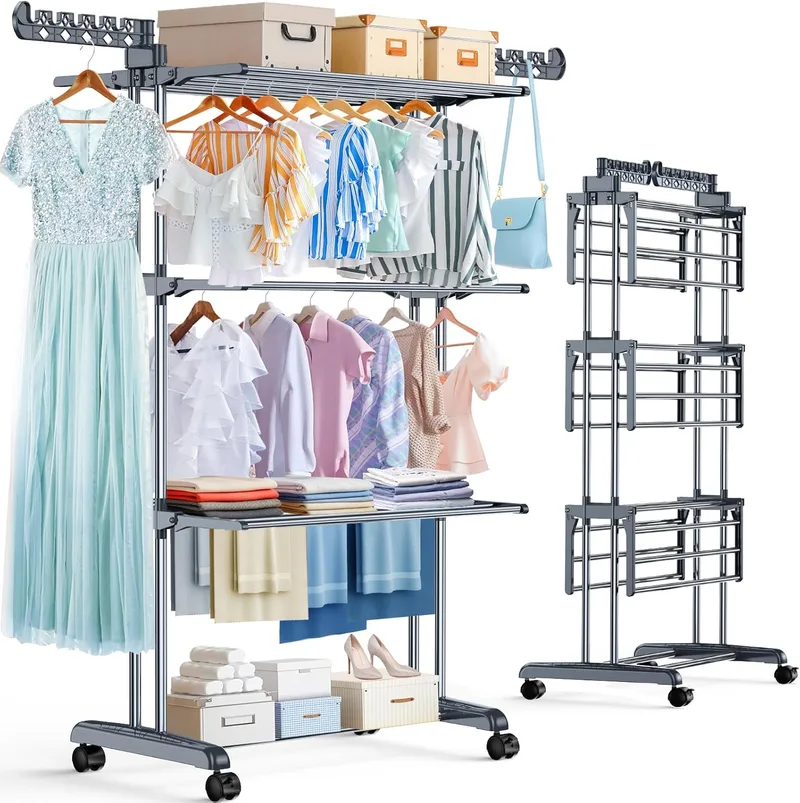 PurKeep ▫️ 4-Tier Large Capacity Drying Rack - Dryer Upgrade with Wheels, Stainless Steel Foldable Drying Rack, Stable Indoor/Outdoor Tower, Space Saving, Grey and Black