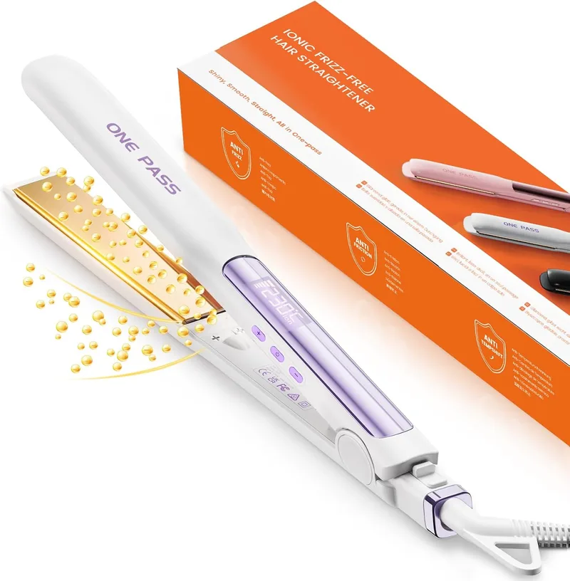 Faszin ▫️ Professional 2 in 1 Straightener, Titanium Ion, 20s Heat Up, LCD Display, Precision Straightening, Curling and Styling(White)