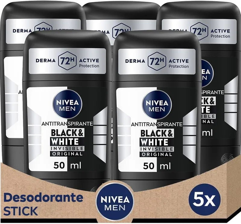 NIVEA ▫️ MEN Black & White Invisible Original - Desodorizante antitranspirante para homem - 72h de proteção anti-suor - 0% de álcool - Tecnologia patenteada anti-manchas - Todos os tipos de pele - Stick 5 x 50 ml