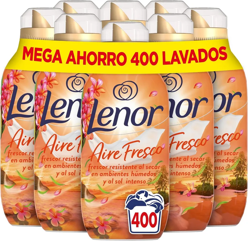 LENOR ▫️ Aire Fresco – Amaciador de roupa, 400 lavagens, Flores Tropicais, 400 lavagens, embalagem de 8, frescura que resiste à secagem em ambientes húmidos ou sob sol intenso