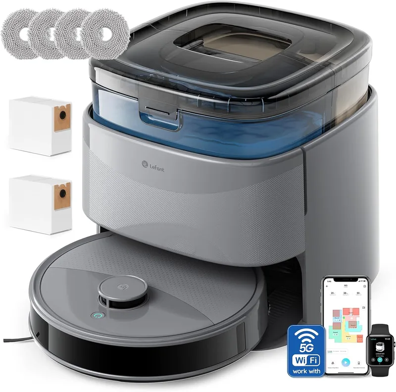 Lefant ▫️ M3 MAX – Robô Aspirador e Esfregador de Pisos com Base de Esvaziamento Automático, Tudo-em--Um 20 000 Pa, autonomia de 210 minutos, esvaziamento automático de 3,2 L, lavagem/secagem automática do esfregão, esfregões eleváveis, Wi-Fi/Alexa/iWatch/aplicação