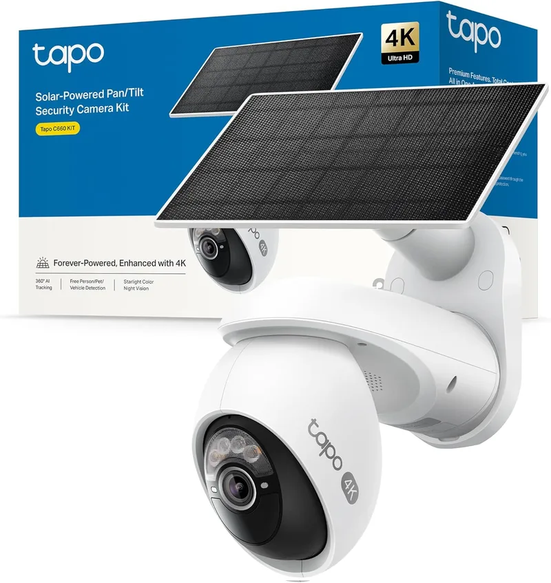 Tapo ▫️ Kit C660 - Câmara de segurança WiFi 4K de 8 MP com painel solar, visão de 360°, zoom digital x18, visão nocturna a cores, bateria de 10000 mAh, deteção de IA gratuita, IP65