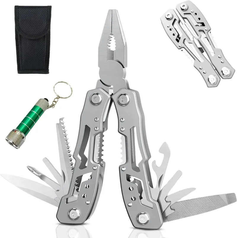 XEEMKAR ▫️ Alicate multiusos, incluindo lanterna para porta-chaves, ferramenta multiusos, alicate multiusos, ferramenta multiusos, alicate multiusos, ferramenta multiusos de sobrevivência (Prateado)