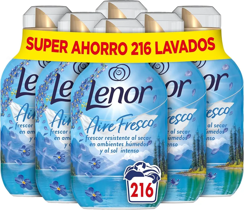 LENOR ▫️ Aire Fresco Fresh Air Alpine Freshness Amaciador de Roupa 36 Lavagens, 6 X 504ml, Frescura Resistente à Secagem em Ambientes Húmidos ou com Sol Intenso