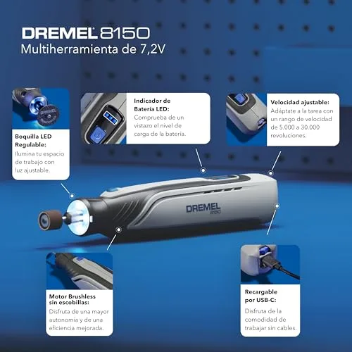 Dremel ▫️ 8150 Multiferramenta a bateria de 7,2 V, 2 Ah, sem escovas. Ferramenta rotativa recarregável via USB-C, 20 acessórios, velocidade variável de 5 000 a 30 000 RPM, luz LED, corte, lixagem, entalhe 2