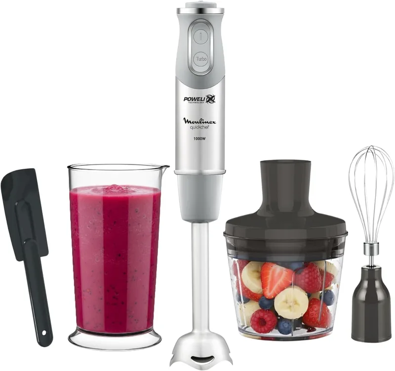 Moulinex ▫️ Quickchef, varinha mágica, 1000 Watt de potência, lâminas Powelix, 20 velocidades variáveis e modo turbo, incluindo picador de 500 ml, copo medidor de 800 ml e batedor, cinzento, DD655DES