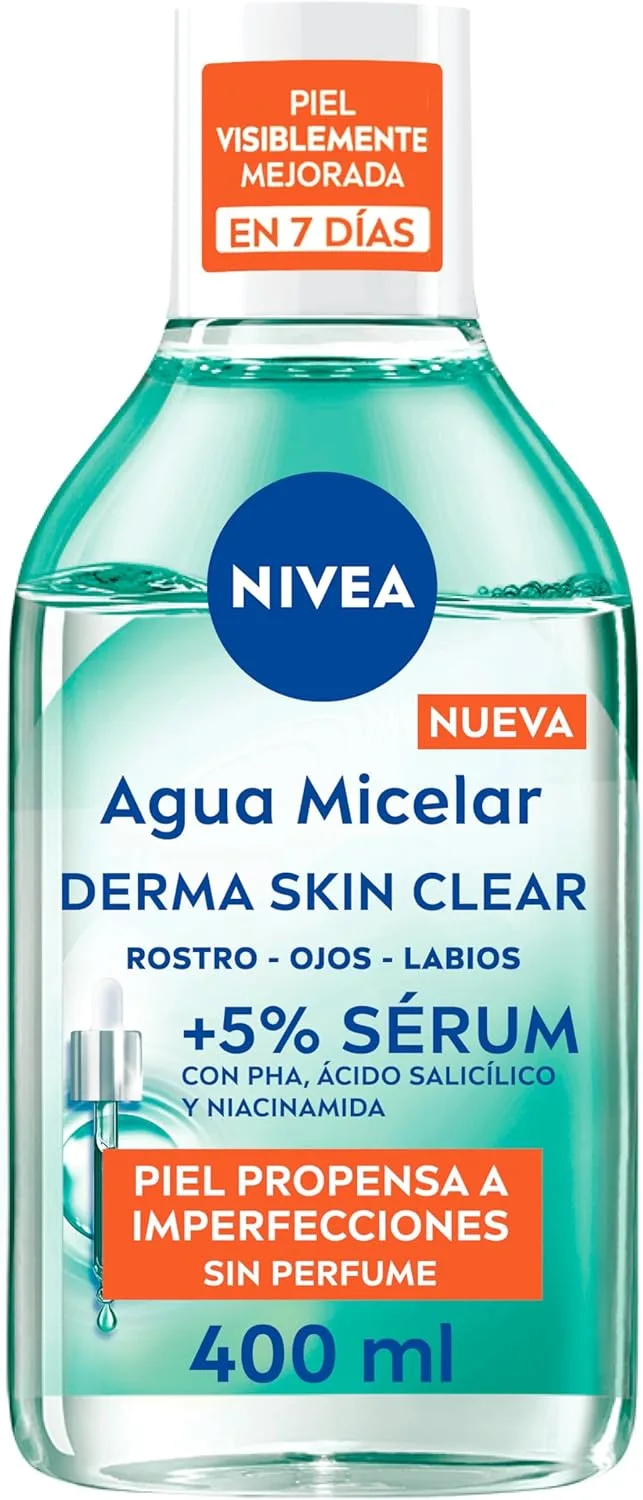 NIVEA ▫️ Derma Skin Clear - Água Micelar +5% de Soro - Gel de Limpeza Facial - Anti-imperfeições - Com PHA, Ácido Salicílico e Niacinamida - Remove os filtros SPF - Pele com tendência a imperfeições - 400 ml