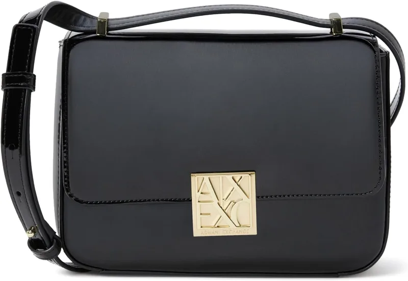 Armani Exchange ▫️ Bolsa a tiracolo para mulher Amy, sustentável, com logótipo dourado, cor preta