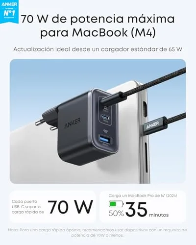 Anker ▫️ Carregador Nano USB-C de 70 W com 3 portas, dobrável, GAN 2