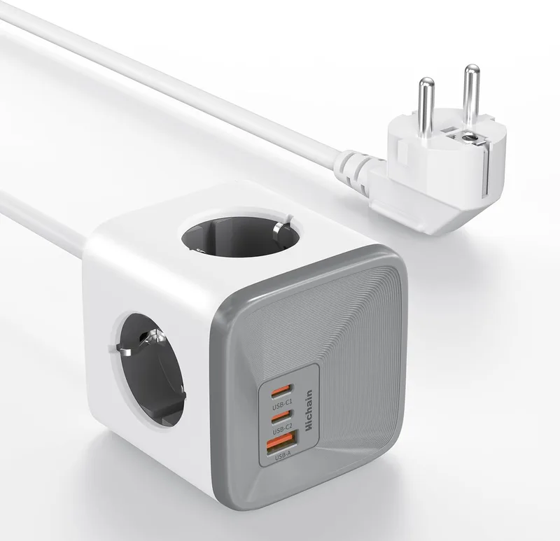 Hichain ▫️ Power Strips USB Power Strip 4 AC e 3 tomadas USB Tomadas múltiplas Tomadas múltiplas Power Strip Proteção contra picos de corrente GaN 1,5m Vertical, Escritório, Casa, Branco