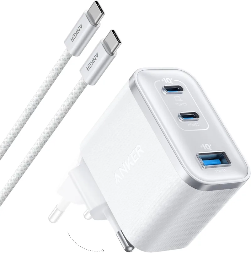 Anker ▫️ Carregador Nano USB-C de 70 W com 3 portas, dobrável, GAN