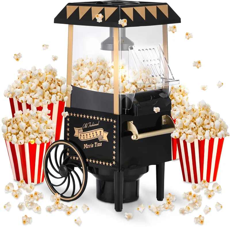 NK ▫️ Retro Popcorn Popper, pipoqueira eléctrica de 1200 W, botão fácil de utilizar, pronta a estourar em 2 minutos, ar quente, tamanho 0,3 L, portátil, ideal para casa (preto)