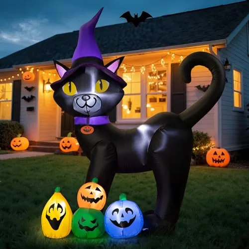 Wothfav ▫️ Decoração insuflável de Halloween com 180 cm: Gato Negro Mágico com LEDs incorporados, estacas e correias; Abóboras para decoração de Halloween no exterior, para relvado, jardim, festivais e festas 2