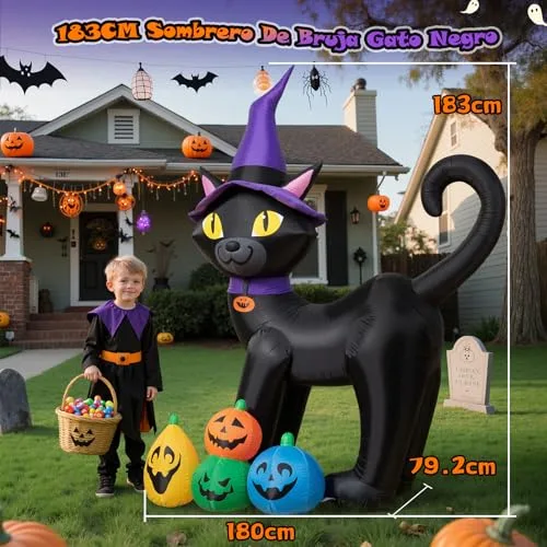 Wothfav ▫️ Decoração insuflável de Halloween com 180 cm: Gato Negro Mágico com LEDs incorporados, estacas e correias; Abóboras para decoração de Halloween no exterior, para relvado, jardim, festivais e festas 3