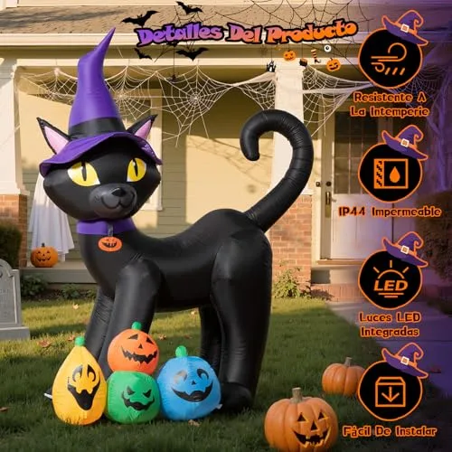 Wothfav ▫️ Decoração insuflável de Halloween com 180 cm: Gato Negro Mágico com LEDs incorporados, estacas e correias; Abóboras para decoração de Halloween no exterior, para relvado, jardim, festivais e festas 4
