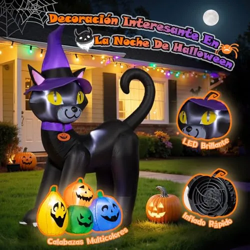 Wothfav ▫️ Decoração insuflável de Halloween com 180 cm: Gato Negro Mágico com LEDs incorporados, estacas e correias; Abóboras para decoração de Halloween no exterior, para relvado, jardim, festivais e festas 5