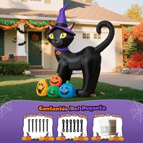 Wothfav ▫️ Decoração insuflável de Halloween com 180 cm: Gato Negro Mágico com LEDs incorporados, estacas e correias; Abóboras para decoração de Halloween no exterior, para relvado, jardim, festivais e festas 6