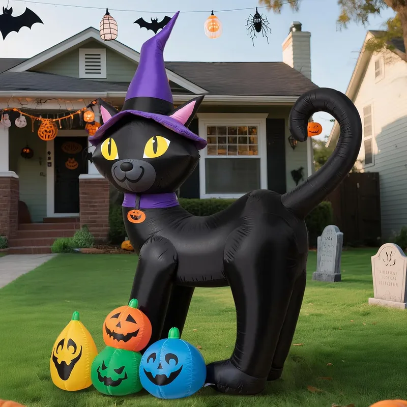 Wothfav ▫️ Decoração insuflável de Halloween com 180 cm: Gato Negro Mágico com LEDs incorporados, estacas e correias; Abóboras para decoração de Halloween no exterior, para relvado, jardim, festivais e festas