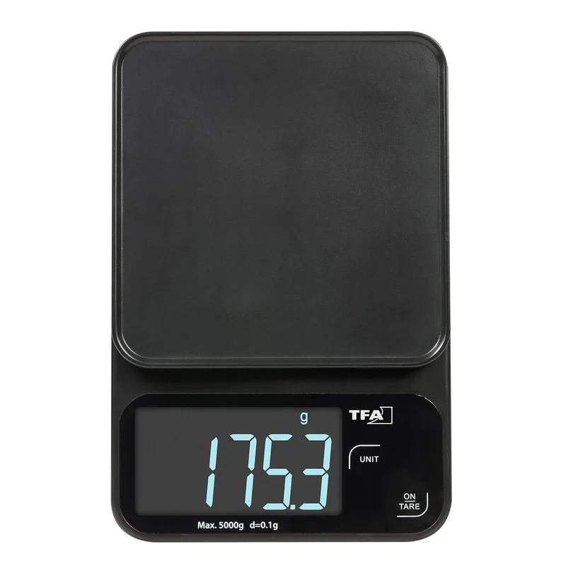 TFA ▫️ Dostmann - Balança digital de cozinha (0,1 g, 50,2009, até 5 kg, superfície de vidro, função tara, balança de precisão, ecrã LED iluminado, plana e compacta, moderna, cor preta