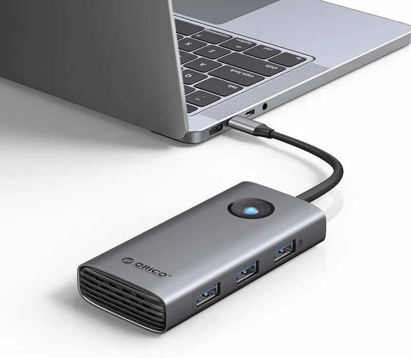 ORICO ▫️ Estação de acoplamento hub USB-C 6 em 1 com HDMI 4K + PD 100 W + 4 portas USB 3.0, adaptador multiportas USB 3.0 compatível com MacBook/DELL/HP/Surface