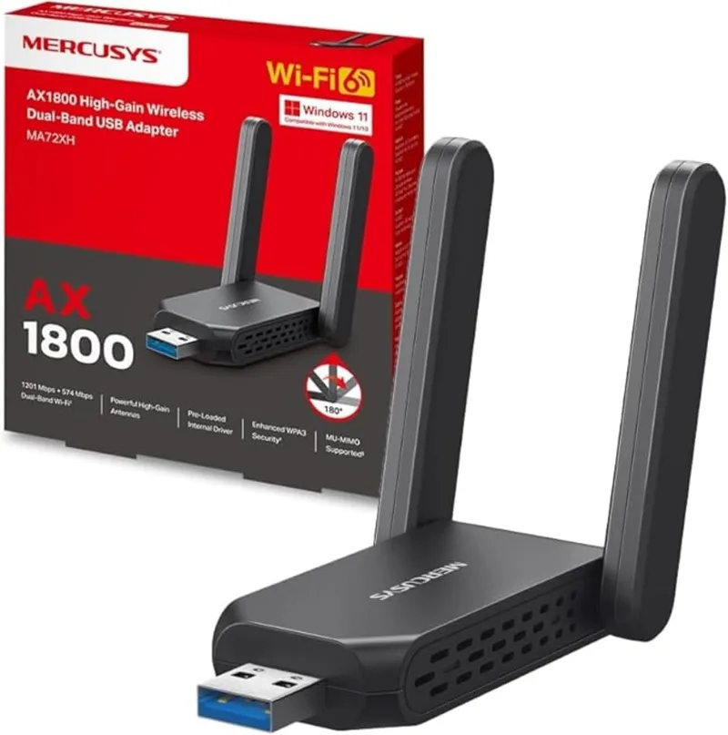 MERCUSYS ▫️ Adaptador Wi-Fi MA72XH para PC, Wi-Fi 6 AX1800 de banda dupla, 2 antenas de alto desempenho, USB 3.0, WPA3, MU-MIMO, compatível com Windows 11/10