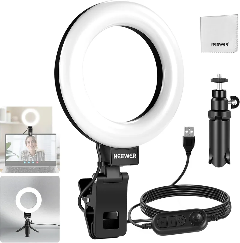 NEEWER ▫️ BÁSICO 5" Anel de Luz com Mini-tripé para Videoconferências e Secretária, Kit de Fixação para Monitor, Webcam, Computador Portátil, Maquilhagem, Selfies e Gravação de Vídeo, Pano de Limpeza, BR60