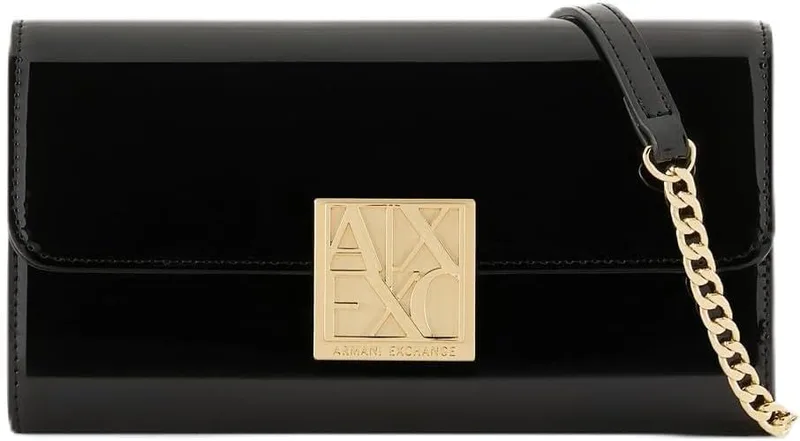 Armani Exchange ▫️ Amy, Carteira com corrente, Placa com logótipo dourado, Carteira com corrente para mulher, Preto, Tamanho único