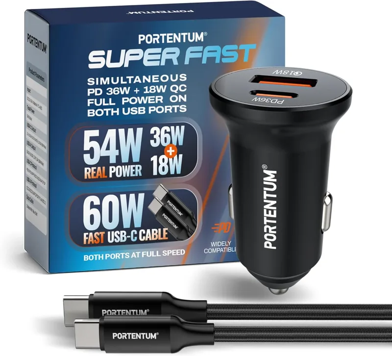 PORTENTUM ▫️ Carregador Duplo para Automóvel com Carregamento Rápido Simultâneo 54 W + 60 W – Cabo USB-C Fast Charge – USBC PD 36 W + USBA QC 18 W – Acessório para a tomada do isqueiro – para iPhone, iPad, Android, tablet, smartphone, Galaxy e consolas