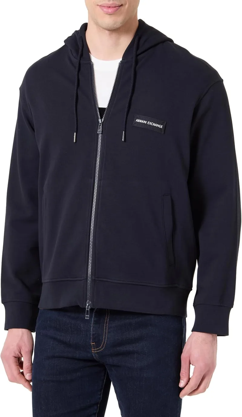 Armani Exchange ▫️ corte reto e largo, logótipo bordado, fecho de correr metálico – Camisola com capuz para homem (pacote de 1)