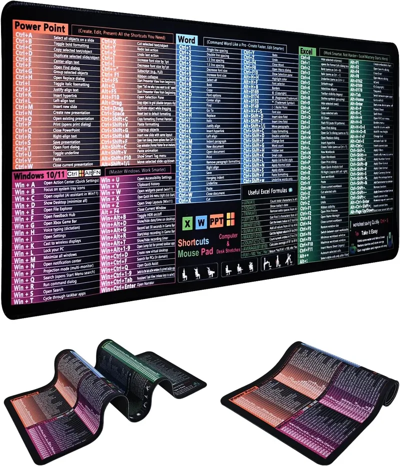 BSTOT ▫️ Tapete de secretária de grande formato com atalhos do Excel, impermeável, tapete de rato para jogos e escritório, antiderrapante, bordas cosidas para o Word/Outlook/PowerPoint/Windows