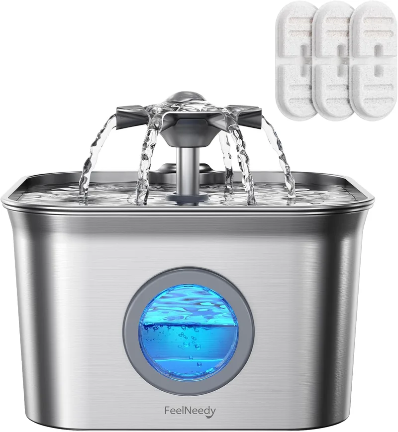FEELNEEDY ▫️ 2,8 L Beberouro para gatos em aço inoxidável com 3 filtros, Beberouro para gatos ultrassilencioso, filtragem de quatro camadas, fácil de limpar, adequado para a máquina de lavar louça